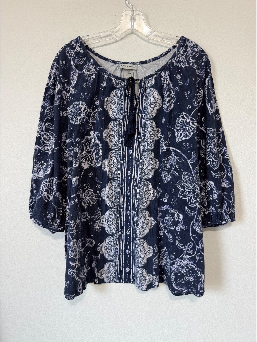 Catherines Raglan 3/4 Sleeve Tie Neck Floral Boho Peasant Blouse Women's Size 2X
